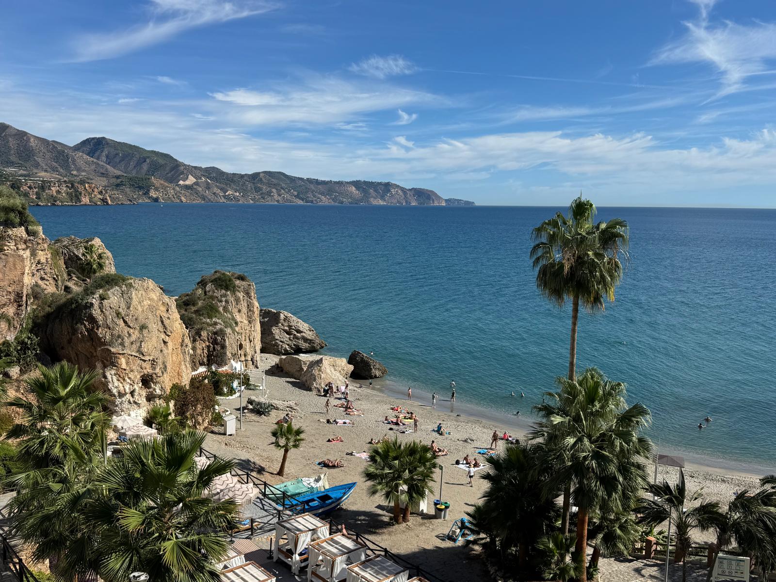 Calahonda beach cove in Nerja town with palms and rocks