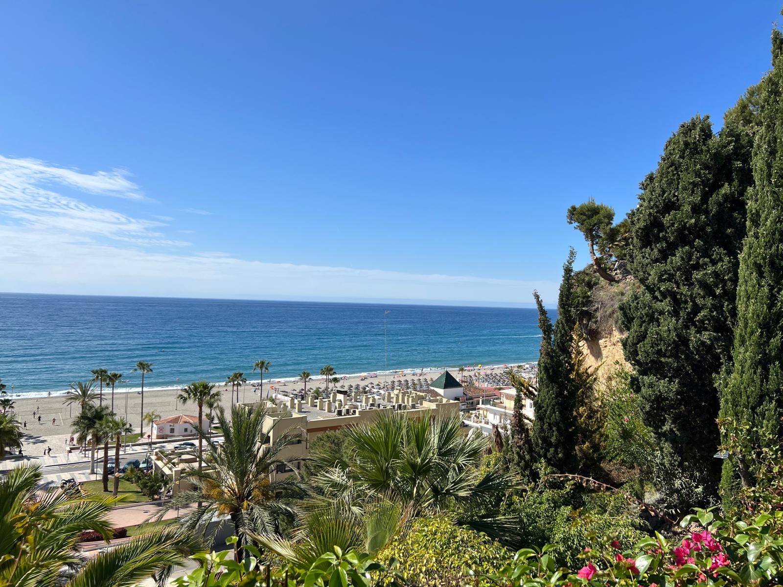 Palm-lined Burriana Beach promenade and turquoise sea